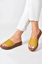 Fox Shoes Yellow Genuine Leather Women's Thick Banded Knitted Model Daily Slippers