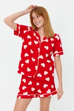 Trendyol Red 100% Cotton Heart Patterned Piping Detailed Shirt-Shorts Knitted Pajamas Set