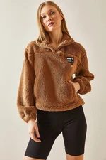 XHAN Tan Zippered High Collar Teddy Plush Sweatshirt