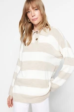 Trendyol Stone Striped Polo Neck Sweter z dzianiny