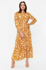 Trendyol Mustard Small Floral Printed Ruffle Detailed Belted Woven Dress