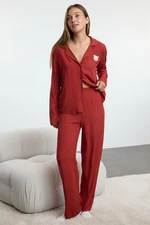 Trendyol Brick Teddy Bear Embroidered Viscose Woven Pajama Set