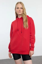 Trendyol Red Thick Polar Fleece Oversize/Wide Pattern Pocket Detailed Hooded Knitted Sweatshirt