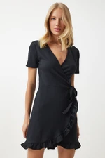 Happiness İstanbul Women's Black Flounce Wrap Collar Knitted Dress