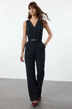 Trendyol Navy Blue Belted Striped Front Button Detail Long Jumpsuit