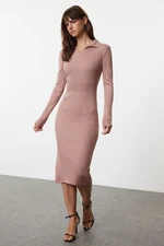 Trendyol Dusty Rose Midi Knitwear Polo Neck Dress