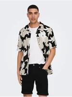 ONLY & SONS Beige-Black Men's Patterned Linen Short Sleeve Shirt ONL - Men