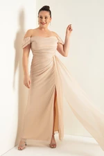 Lafaba Women's Beige Boat Neck Draped Slit Long Glitter Evening Dress