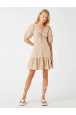 Koton Pleated V-Neck Dress with Balloon Sleeves