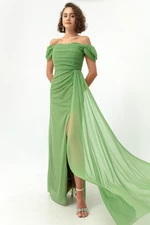 Lafaba Women's Green Boat Collar Draped Long Glittery Evening Dress with a Slit.