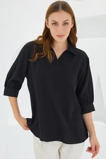 Bigdart Women's Black Shirt Collar Satin Blouse 0493