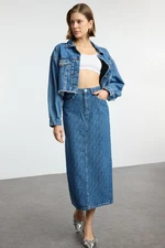 Trendyol Blue Heart Jacquard Denim Midi Skirt