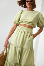 Women's summer set blouse with a skirt in light khaki color