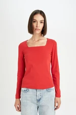 DEFACTO Regular Fit Square Neck Basic Plain Ribbed Camisole Long Sleeve Red T-Shirt