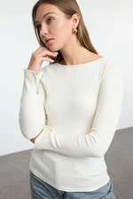 Trendyol Ecru Boat Neck Ribbed Flexible Regular Fit Long Sleeve Button Detailed Knitted Blouse