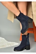 Fox Shoes R654006502 Navy Blue Genuine Leather and Suede Women's Boots with Thick Heels