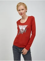 Red Ladies Long Sleeve T-Shirt Guess - Women