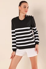 Bigdart 15820 Button Detail Striped Sweater - Black