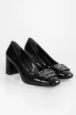 Shoeberry Women's Letizia Black Patent Leather Buckled Heel Shoes