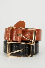 DEFACTO Women's Faux Leather 2-Piece Classic Belt