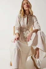 Happiness İstanbul Women's Cream Laced Flounce Long Linen Shirt Dress