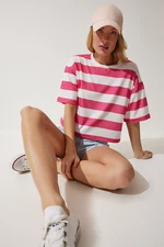 Happiness İstanbul Women's White Pink Crew Neck Striped Crop Knitted T-Shirt