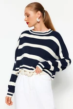 Trendyol Navy Blue Crop Striped Knitwear Sweater