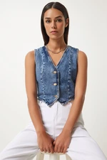 Happiness İstanbul Women's Dark Blue V-Neck Crop Denim Vest