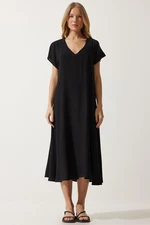 Happiness İstanbul Women's Black V-Neck Summer Flowing Viscose Dress