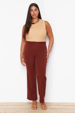 Trendyol Curve Brown High Waist Ribbed Stitched Spanish Leg Woven Fabric Trousers