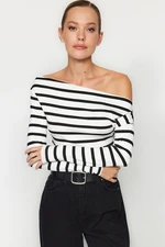 Trendyol Black White Striped Premium Soft Fabric Fitted Boat Neck Stretchy Knitted Blouse