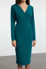 Trendyol Emerald Green Plain Midi Batwing Sleeve Detailed Fitted Elastic Midi Knit Dress