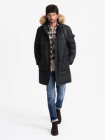 Ombre Men's long warm parka jacket with hood - black