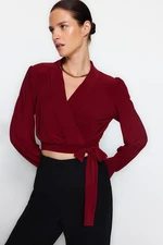 Trendyol Burgundy Double Breasted Closure Crop Stretchy Knitted Blouse