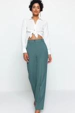 Trendyol Dark Green Straight/Straight Fit High Waist Ribbed Stitched Woven Trousers