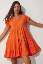 Happiness İstanbul Women's Orange V-Neck Ruffles Flare Knitted Summer Summer Dress