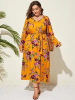 Plus Size V-neck Floral Print Belt Design Long Sleeves Dress