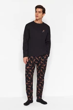 Trendyol Black Regular Fit Printed Knitted Pajamas Set