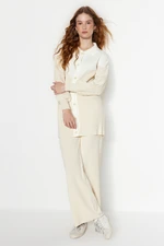 Trendyol Light Beige Color Block Ribbed Cardigan-Pants Knitwear Top-Top Set