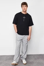 Trendyol Black Oversize/Wide-Fit Ruffle Text 100% Cotton T-shirt