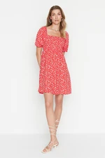 Trendyol Red Floral Skater/Waist Opening Guiped Viscose Mini Woven Dress