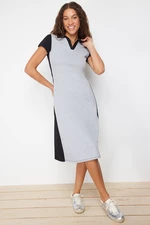 Trendyol Black Polo Neck Color Blocked Skater/Waisted Cotton Stretchy Knitted Midi Dress