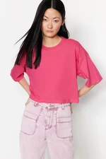 Trendyol Fuchsia 100% Cotton Premium Crop Crew Neck Knitted T-Shirt