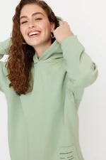 Trendyol Mint Thick Fleece Inner Printed Relaxed/Comfortable fit with a Hooded Knitted Sweatshirt