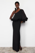Trendyol černé tělo-sedící tkané krajkové dlouhé večerní šaty