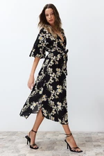 Trendyol Black Belted Floral Print A-line Double-breasted Collar Midi Woven Dress