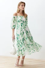 Trendyol Madonna Collar Chiffon Maxi Woven Dress with Green Floral Skirt Opening at the Waist