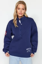 Trendyol Navy Blue Thick Inside Fleece Embroidery and Button Detailed Stand-up Collar Oversize Knitted Sweatshirt