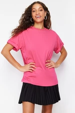 Trendyol Fuchsia 100% Cotton Oversize/Wide Mold Crew Neck Knitted T-Shirt