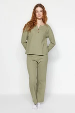 Trendyol Green Waffle Tshirt-Pants Knitted Pajamas Set